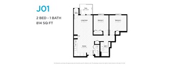 A floor plan for a 2 bedroom, 1 bathroom apartment sized at 814 square feet.
