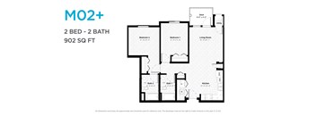 A floor plan for a 2 bedroom, 2 bathroom apartment sized at 902 square feet.