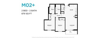 A floor plan for a 2 bedroom, 2 bathroom apartment sized at 879 square feet.