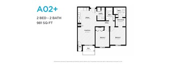 A floor plan for a 2 bedroom, 2 bathroom apartment sized at 981 square feet.