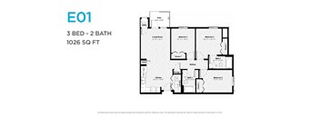 A floor plan for a 3 bedroom, 2 bathroom apartment sized at 1026 square feet.