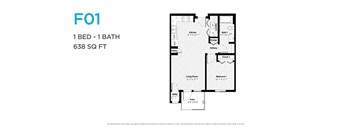 A floor plan for a 1 bedroom, 1 bathroom apartment sized at 638 square feet.