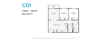 A floor plan for a 2 bedroom, 1 bathroom apartment sized at 955 square feet.