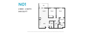 A floor plan for a 2 bedroom, 2 bathroom apartment sized at 949 square feet.