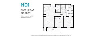 A black and white image of a floor plan for a 2 bedroom, 2 bathroom apartment.