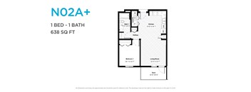 A floor plan for a 1 bedroom, 1 bathroom apartment that is 638 square feet.