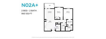 A floor plan for a 2 bedroom, 2 bathroom apartment sized at 960 square feet.