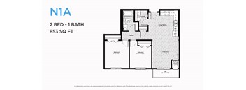 A floor plan of a 2 bedroom, 1 bathroom apartment that is 853 square feet.