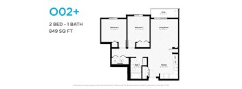 A floor plan for a 2 bedroom, 1 bathroom apartment sized at 849 square feet.