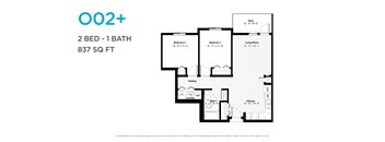 A floor plan for a 2 bedroom, 1 bathroom apartment that is 837 square feet.