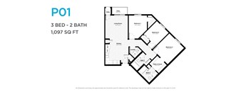 A floor plan for a 3 bedroom, 2 bathroom apartment sized at 1,097 square feet.