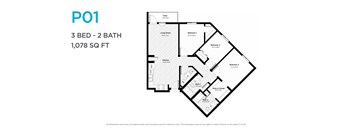 A floor plan for a 3 bedroom, 2 bathroom apartment sized at 1,078 square feet.