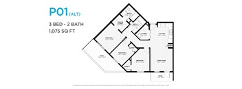 A floor plan for a 3 bedroom, 2 bathroom apartment sized at 1,075 square feet.