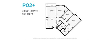 A floor plan for a 3 bedroom, 2 bathroom apartment sized at 1,121 square feet.