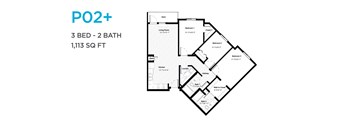 A floor plan for a PO2+ apartment with 3 bedrooms and 2 bathrooms.