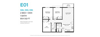 A floor plan for a 2 bedroom, 1 bathroom apartment.