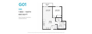 A floor plan for a 590 square foot home with one bedroom and one bathroom.