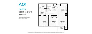 A floor plan for a 2 bedroom, 2 bathroom apartment sized at 968 square feet.
