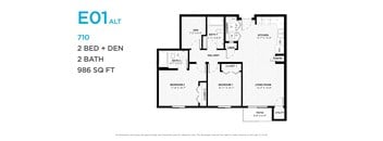A floor plan for an apartment layout with two bedrooms and a den.