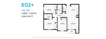 A floor plan for a 3 bedroom, 2 bathroom apartment sized at 1,065 square feet.