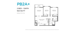 A floor plan for a 2 bedroom, 1 bathroom apartment sized at 922 square feet.
