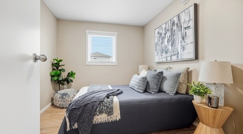 A bedroom with a bed, a lamp, a potted plant, and a framed picture on the wall.