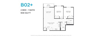 A floor plan for a B02+ apartment with two bedrooms and one bathroom.