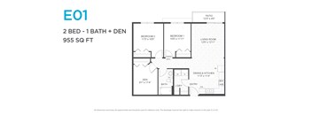 A floor plan for a 2 bedroom, 1 bathroom apartment is shown.