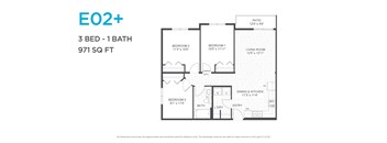 A floor plan for a 3 bedroom, 1 bathroom apartment sized at 971 square feet.