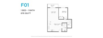A floor plan for a 1 bedroom, 1 bathroom apartment sized at 676 square feet.