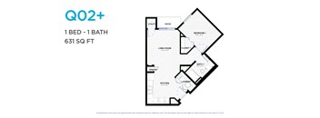 A floor plan for a one bedroom, one bathroom apartment sized at 631 square feet.