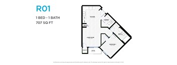 A floor plan of a one bedroom apartment with one bathroom.