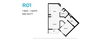A floor plan for a 1 bedroom, 1 bathroom apartment sized at 692 square feet.