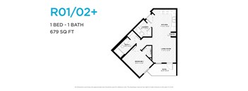 A floor plan for a 1 bedroom, 1 bathroom apartment sized at 679 square feet.