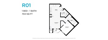 A floor plan for a 1 bedroom, 1 bathroom apartment of 704 square feet.