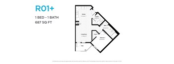 A floor plan for a one bedroom, one bathroom apartment sized at 687 square feet.