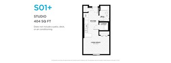 A floor plan for a studio apartment is shown with a living space, kitchen, and bathroom.