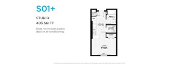 A floor plan for a studio apartment is shown with dimensions.