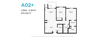 A floor plan for a 2 bedroom, 2 bathroom apartment sized at 979 square feet.