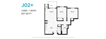 A floor plan for a 2 bedroom, 1 bathroom apartment of 827 square feet.