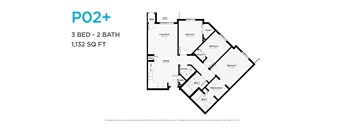 A floor plan for a PO2+ apartment with 3 bedrooms and 2 bathrooms sized at 1,132 square feet.