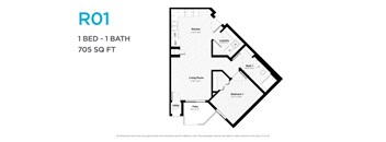 A floor plan for a 1 bedroom, 1 bathroom apartment sized at 705 square feet.