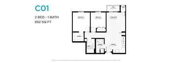 A floor plan for a 2 bedroom, 1 bathroom apartment is shown.