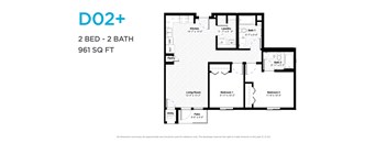 A floor plan for a 2 bedroom, 2 bathroom apartment sized at 961 square feet.