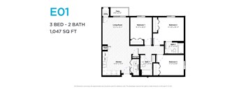 A floor plan for a 3 bedroom, 2 bathroom apartment sized at 1,047 square feet.