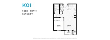 A floor plan of a one bedroom apartment with one bathroom.