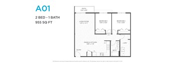 A floor plan for a 2 bedroom, 1 bathroom apartment.