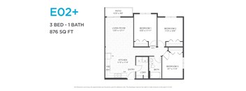 A floor plan for a 3 bedroom, 1 bathroom apartment is shown.