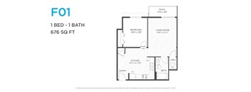 A floor plan for a 1 bedroom, 1 bathroom apartment that is 676 square feet.