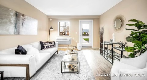 Apartment living room, bright open concept with couch, coffee table and wall AC unit